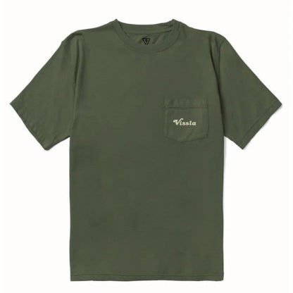 T-shirt surfwear vert olive vu de face, petit marquage Vissla discret placé sur la  poche poitrine côté cœur