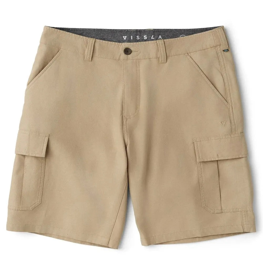 short cargo homme Vissla khaki coton twill coupe utilitaire poches latérales vue face